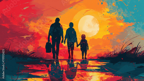 A family holding hands reflects on the water against a vibrant sunset, embodying the spirit of World Health Day. The image evokes the importance of family in promoting health and well-being.