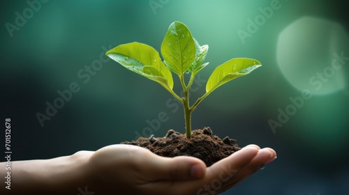  A young plant sprouts from a handful of soil, a symbol of growth and sustainability for World Health Day. This image captures the essence of life's resilience and hope for a healthier world. photo