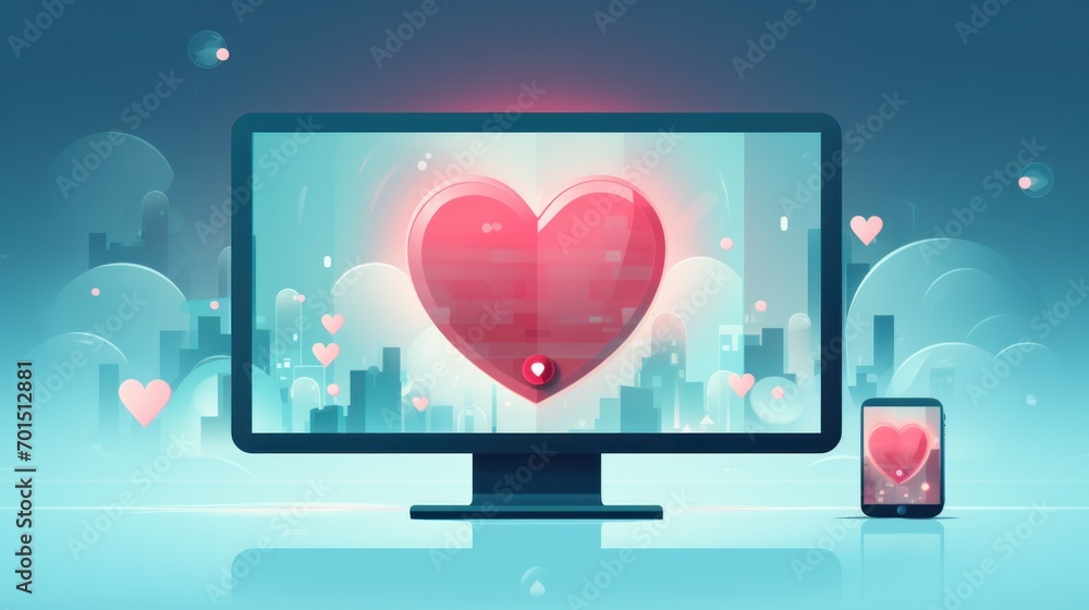 A heart symbol radiates from a monitor and phone, showcasing digital love and connectivity in a cityscape background. An ideal illustration for World Health Day, emphasizing the heart's significance. A heart symbol radiates from a monitor and phone, showcasing digital love and connectivity in a cityscape background. An ideal illustration for World Health Day, emphasizing the heart's significance.