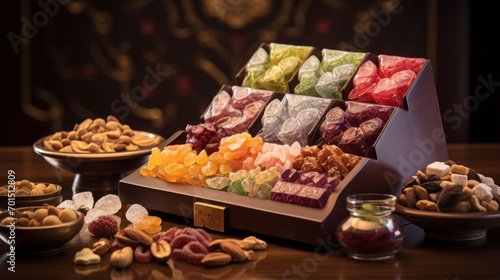  a table topped with lots of different types of candies next to bowls of nuts and a bowl of fruit.