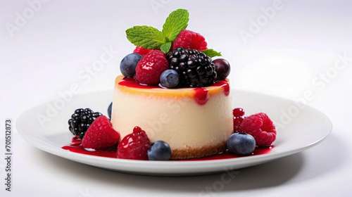 Closeup of dessert delicious little round cheese cake, decorated with berries, white background
