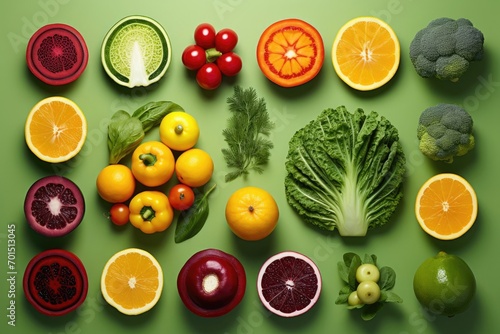 Colorful Assortment of Fresh Fruits and Vegetables on Bright Background Conveying Dietary Diversity