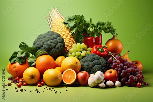 Diverse Fresh Fruits and Vegetables Against Colorful Backgrounds Emphasizing Dietary Variety