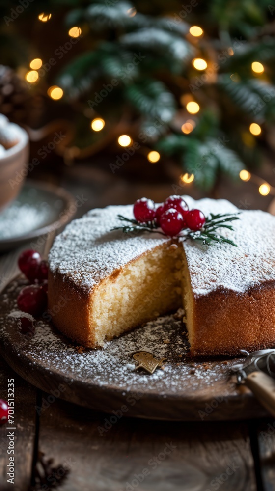 Traditional Vasilopita cake with powdered sugar Traditional Vasilopita cake with powdered sugar