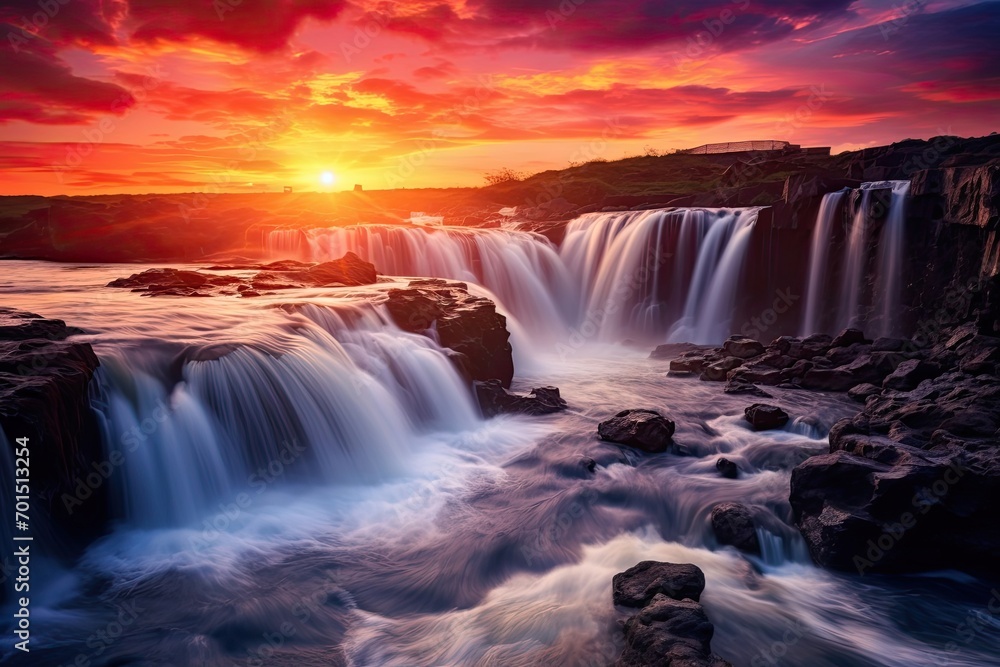 Spectacular Waterfall Scenery in the Radiant Glow of Sunset Colors