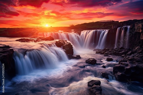 Spectacular Waterfall Scenery in the Radiant Glow of Sunset Colors