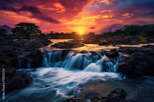 Sunset Illuminated Waterfall: A Stunning Display of Nature's Beauty © Александр Раптовый