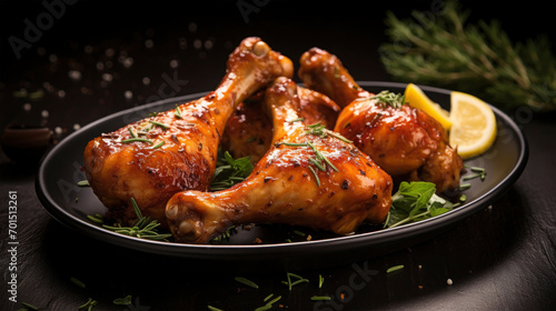Food, closeup of plate of delicious chicken drumsticks on dark background photo