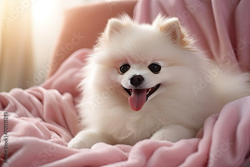 Joyful White Spitz Sitting on Soft Pink Blanket in Cozy Atmosphere
