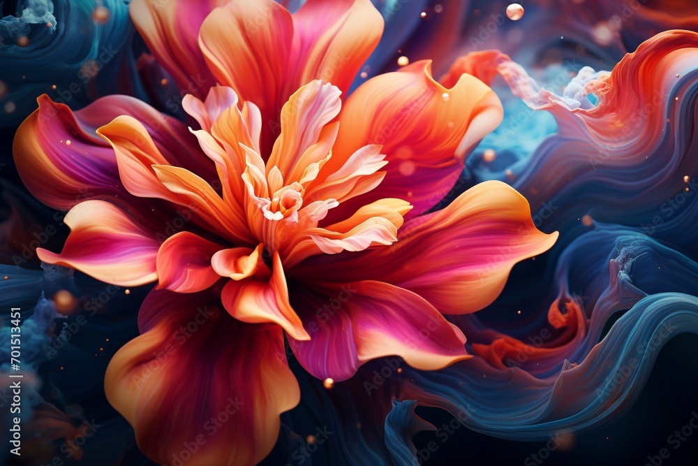 Vibrant 3D floral abstraction with space for text against a cosmic backdrop.