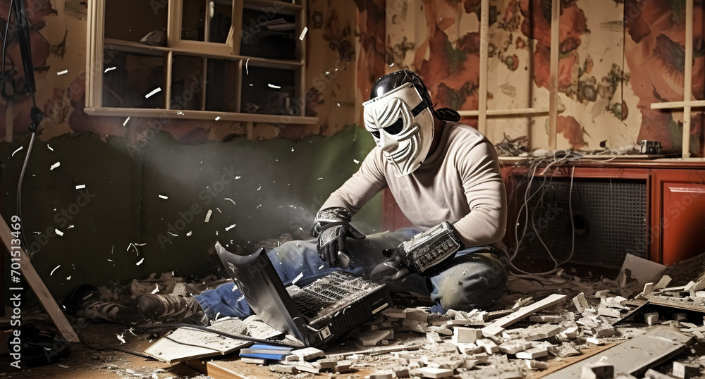 Masked man sitting near smashed laptop in rage room - obrazy, fototapety, plakaty 