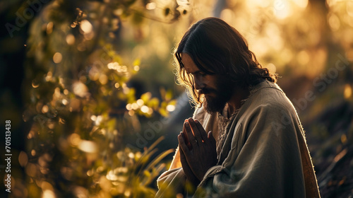 Jesus in the Garden of Gethsemane in deep prayer, Jesus, blurred background, with copy space photo
