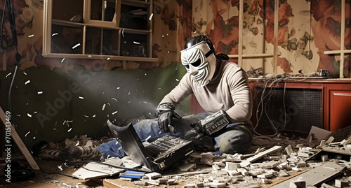 Masked man sitting near smashed laptop in rage room photo