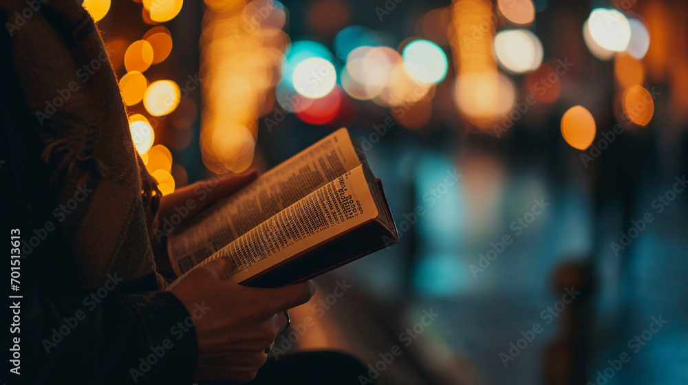 A night shift worker reading the Bible during a break, Bible, blurred background, with copy space A night shift worker reading the Bible during a break, Bible, blurred background, with copy space