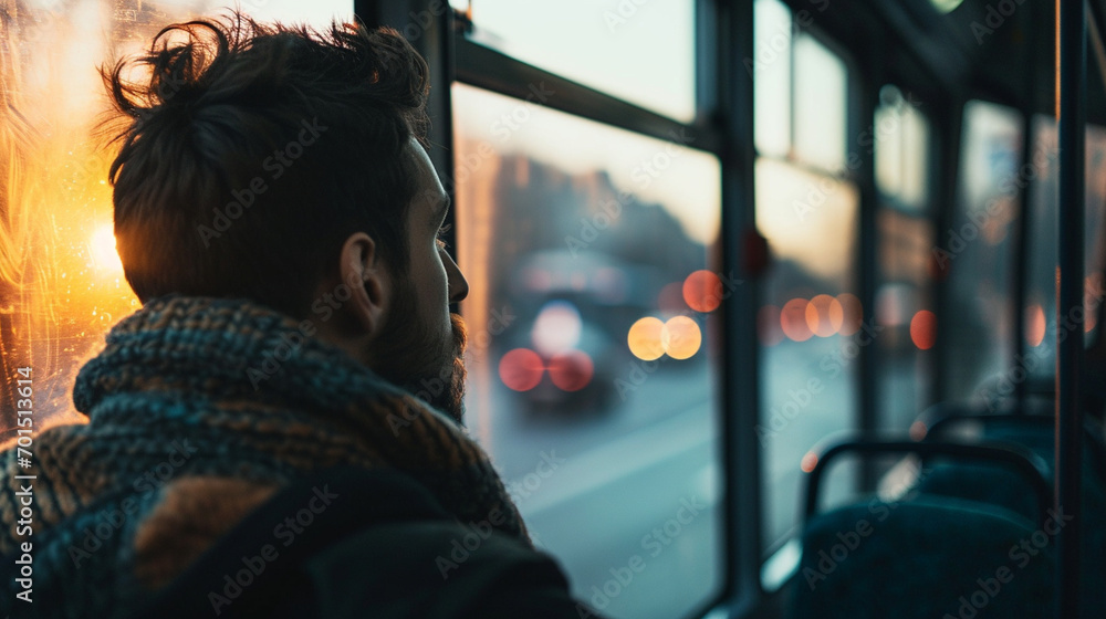 A man looking out the window while traveling on a city bus, blurred background, with copy space