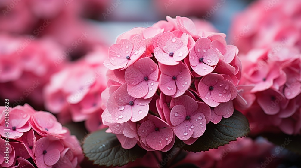 a close up of a bunch of pink flowers with drops of water on the petals and leaves on the petals. a close up of a bunch of pink flowers with drops of water on the petals and leaves on the petals.