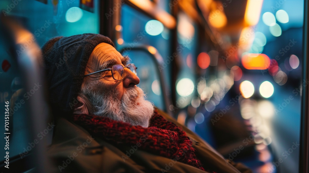 A senior man peacefully sleeping on a city bus, blurred background, with copy space