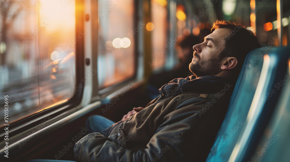 A man taking a quick nap while commuting home on a train, blurred background, with copy space