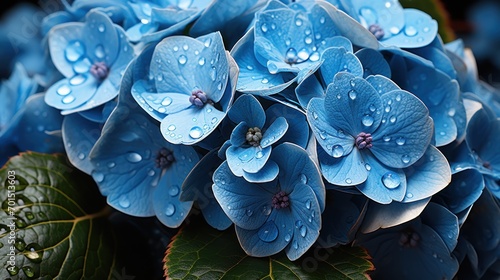  a close up of a bunch of blue flowers with drops of water on the petals and leaves on the petals.
