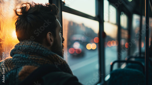 A man looking out the window while traveling on a city bus, blurred background, with copy space