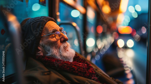 A senior man peacefully sleeping on a city bus, blurred background, with copy space © Катерина Євтехова