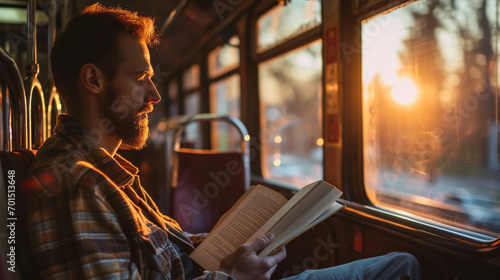 A man reading a book while traveling on a public tram, blurred background, with copy space photo