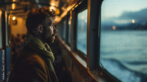 A man gazing thoughtfully out of a ferry window, blurred background, with copy space