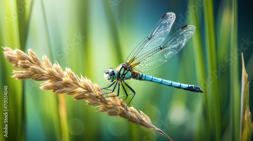  a close up of a dragonfly on a plant with grass in the foreground and a blue sky in the background. © Anna