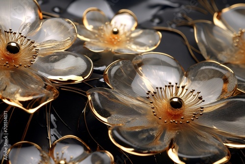 Intricate patterns of shimmering gold and deep onyx liquid marble fractal flowers emerging from an exquisite resin geode background. © FakharSaeed