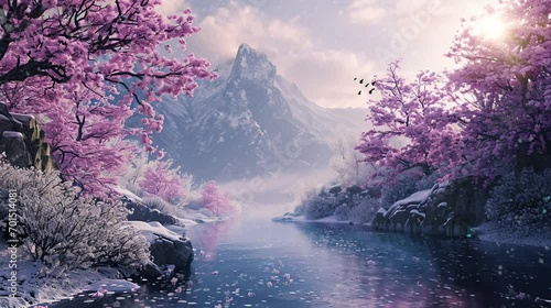 snowy mountain with river and cherry trees. seamless looping time-lapse virtual video Animation Background. photo