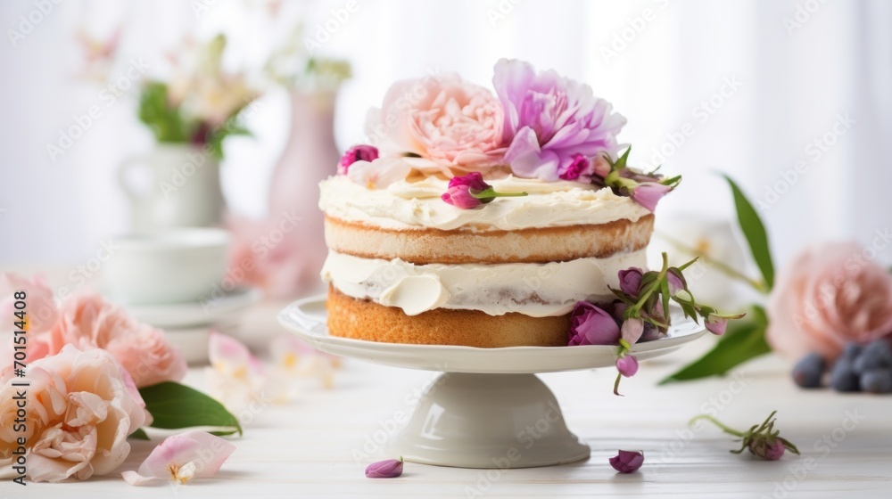 a close up of a cake on a plate on a table with flowers and a cup of coffee in the background. a close up of a cake on a plate on a table with flowers and a cup of coffee in the background.