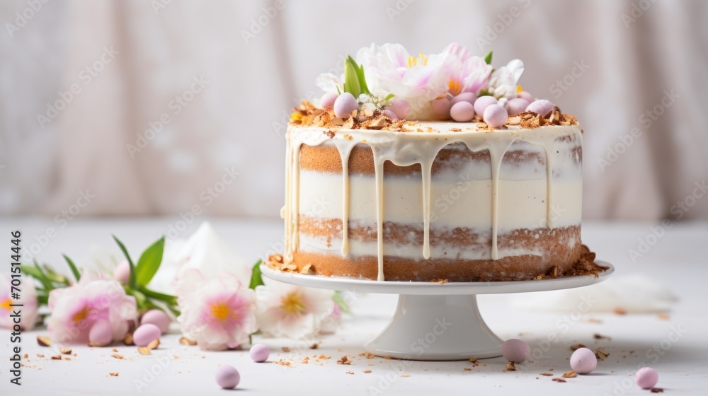 a close up of a cake on a plate with flowers on the side and a drizzle of icing on the top of the cake.