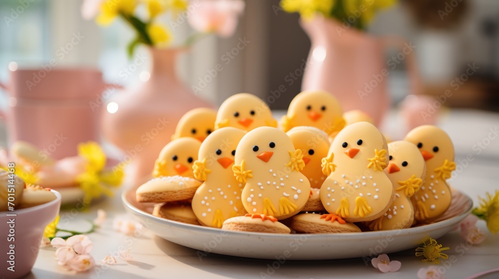 Obraz premium a plate of cookies with little yellow chicks sitting on top of it next to a bowl of yellow flowers and a pink vase with yellow flowers in the background.
