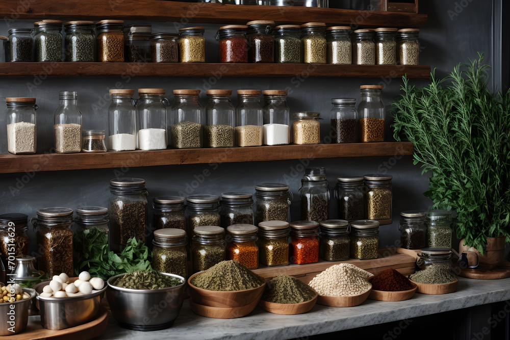 Variety of spices and herbs in glass jars on wooden shelves. Food and cuisine ingredients. Generative AI