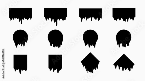 Vector illustration. Isolated black paint dripping. Liquid flows. Melted geometric shapes: rectangle, circle, square, rhombus. Design for web banner, poster, website template, book cover, brochure
