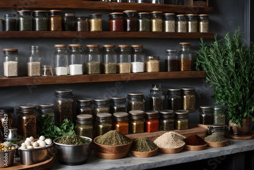 Variety of spices and herbs in glass jars on wooden shelves. Food and cuisine ingredients. Generative AI