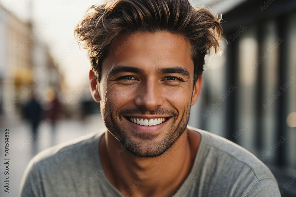 A closeup photo portrait of a handsome man smiling with clean teeth A closeup photo portrait of a handsome man smiling with clean teeth