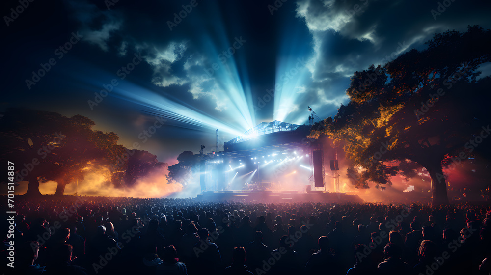A music festival with a brightly lit stage