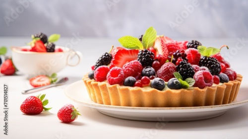  a fruit tart with berries  raspberries  and mint leaves on a plate next to a bowl of strawberries.