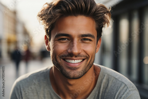 A closeup photo portrait of a handsome man smiling with clean teeth