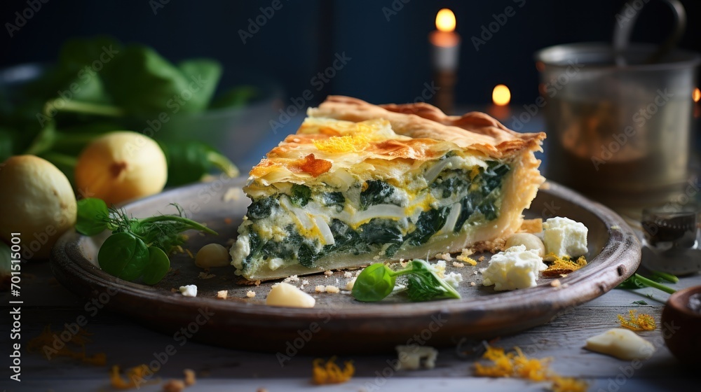 a slice of quiche with spinach and cheese on a plate next to some lemons and a candle. a slice of quiche with spinach and cheese on a plate next to some lemons and a candle.