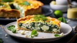  a slice of quiche with spinach and cheese on a plate with a fork and a glass of juice in the background.