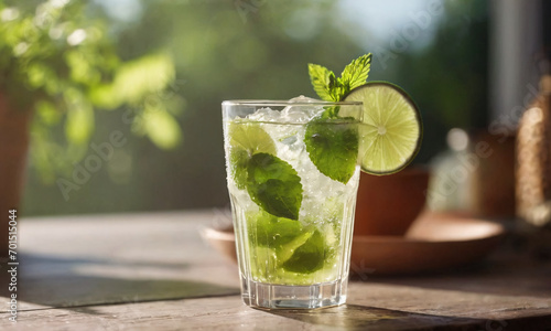 Glass with a lime and mint drink, lime.