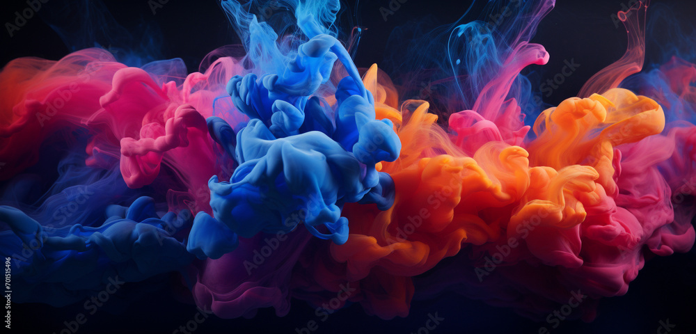Whirls of vibrant cobalt and coral smoke dispersing gracefully, creating an enchanting and colorful display in the atmosphere.