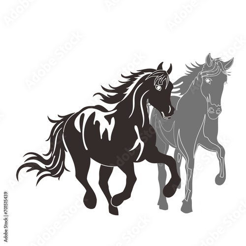 Drawing the black silhouette of running horse on a white background