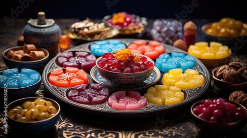  a table topped with bowls filled with different types of candies and candies on top of a metal tray. © Anna
