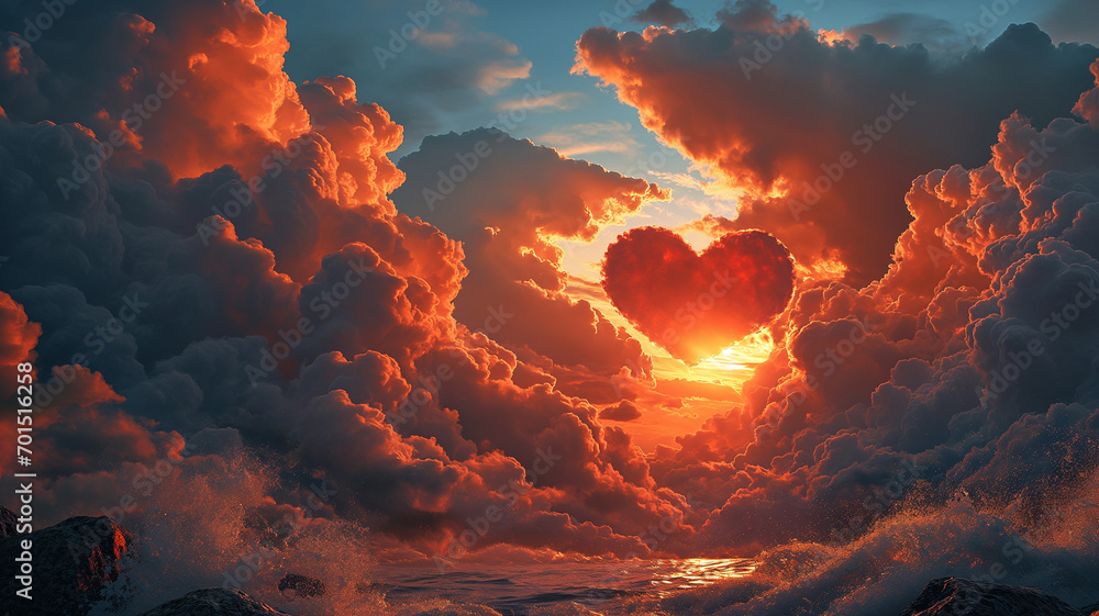 Splendid Cloud heart with sun  behind. Generative Ai - obrazy, fototapety, plakaty 