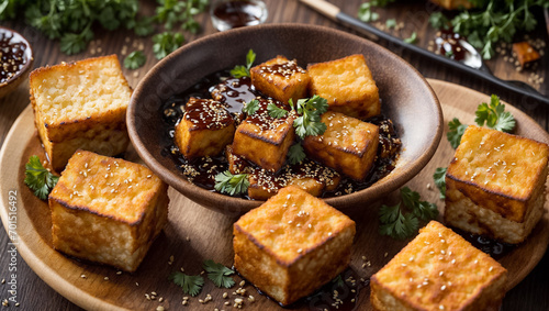 Fried tofu cheese with sesame seeds in the kitchen traditional photo