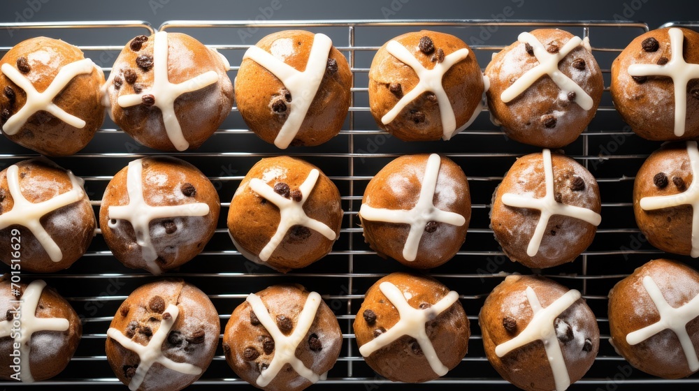 a cooling rack filled with hot cross buns covered in icing and chocolate chip cookies with white icing. a cooling rack filled with hot cross buns covered in icing and chocolate chip cookies with white icing.