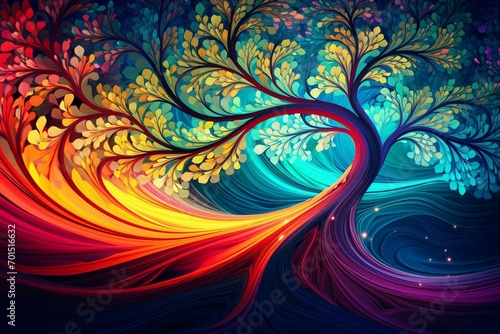 Vibrant 3D intricate color tendrils weaving a captivating multi-colored abstract lines pattern  set against a deep turquoise backdrop with a blossoming tree.